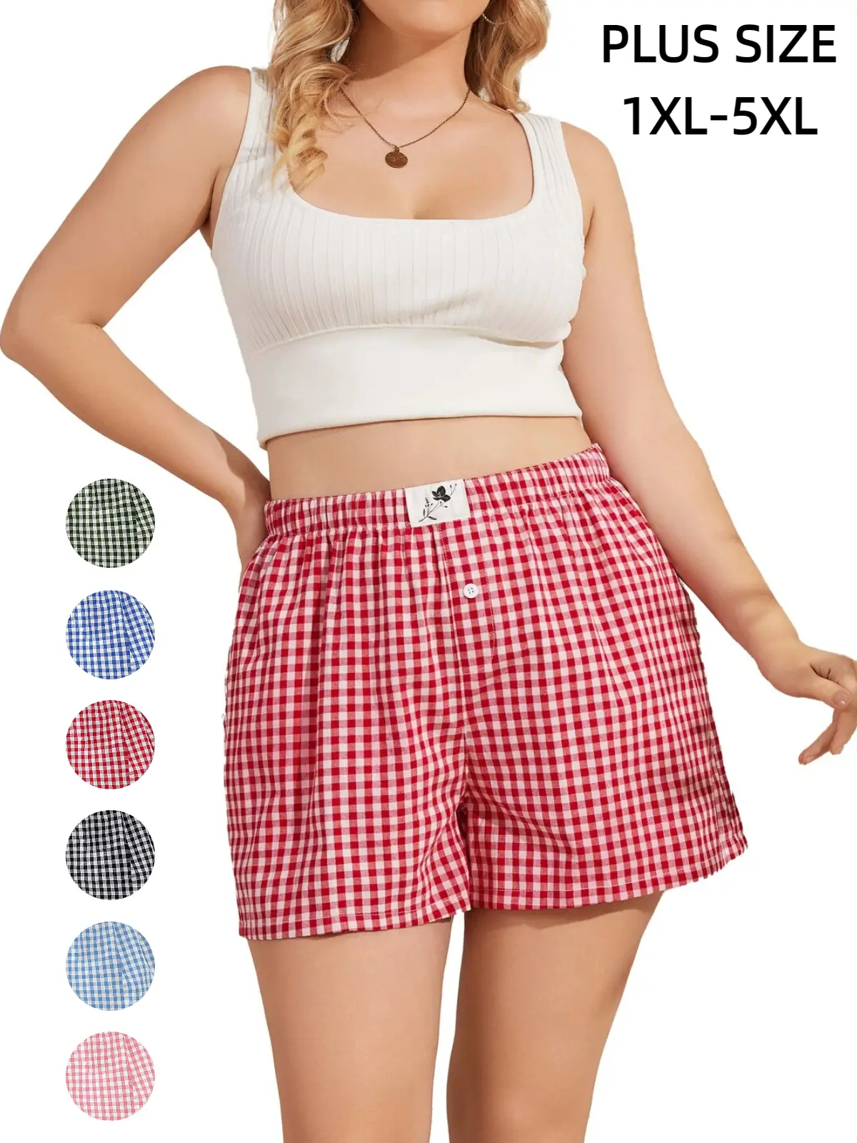 COOTRY Plus Size Women's Checkered Plaid-Patched Elastic Waist Shorts, Baggy Straight Leg Women's Clothes, Hide Belly Flattering Curvy Bottoms for Summer Daily Wear, Plussize