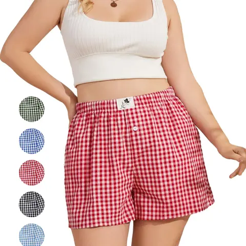 COOTRY Plus Size Women's Plaid-Patched Elastic Waist Boxer Shorts, Baggy Straight-Leg Casual Bottoms, Hide Belly Flattering Above-the-Knee Breathable Pajama Clothes for Summer Daily Wear