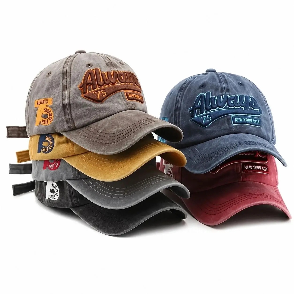 Unisex 5-Piece Adjustable Cotton Blend Baseball Caps Set - Breathable Outdoor Wear, 1-Size-Fits-All, Subtle 'Always' Lettering, Sun Protection for Outdoor Activities