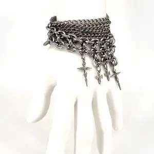 Gothic Punk Dark Cross Chain Bracelet - 15g Metal Build, Irregular Splice Design, Cross Charms, Layered Chains, Unisex Daily Costume Jewelry Accessory