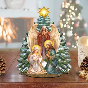 Designocracy 852767-07 6.5 in. Wood Nativity Scene with Angel, Miniature Christmas Decor Set, Holiday Christmas Tree Village Decoration for Home Supplies