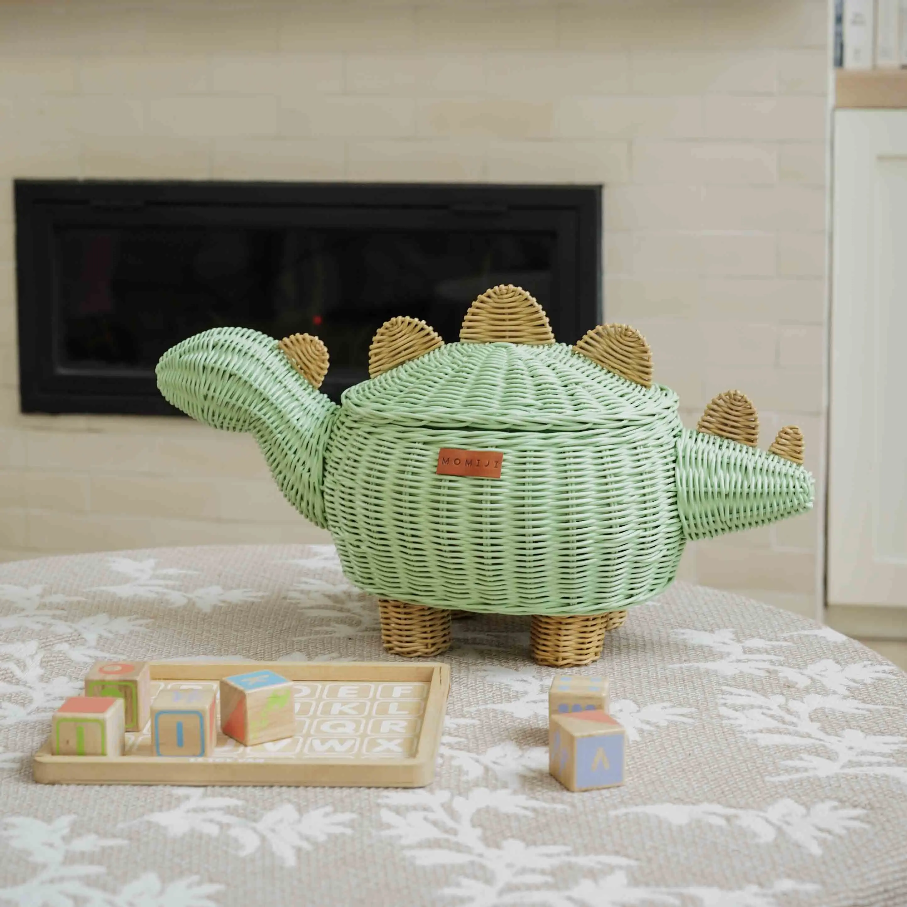 MOMIJI Dinosaur Rattan Storage Basket Mint Green - Medium