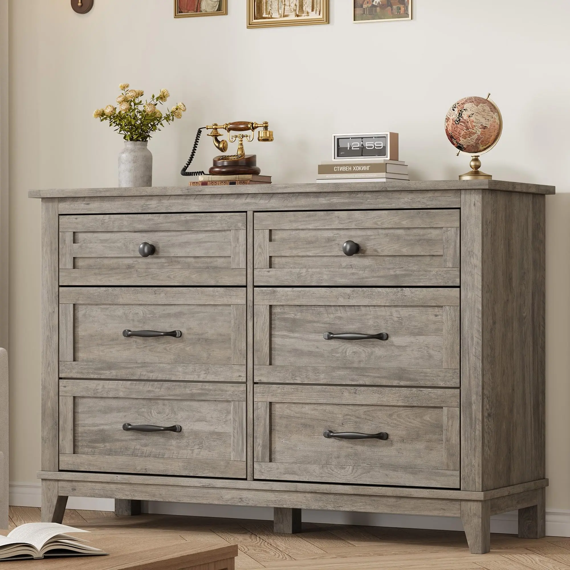 Gaomon 6-Drawer Modern Rustic Chic Bedroom Dresser - 47in Wide 25mm Stable MDF Wood Vertical Chest, Freestanding Storage Unit with Grey Top, Anti-Tip Device, Concave-Convex Patterns, 47.2in L x15.8in W x32.1in H, Assembly Required