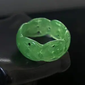 Size 11.75, Natural Translucent green Jade Wide-Band Ring Hollow-out, Width 11 mm