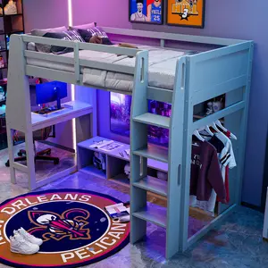 Twin size Loft Bed Frame with Desk and LED Lights, Solid Wood Twin Loft Bed Frame with Open Wardrobe and Multi-Storage Shelves, Grey