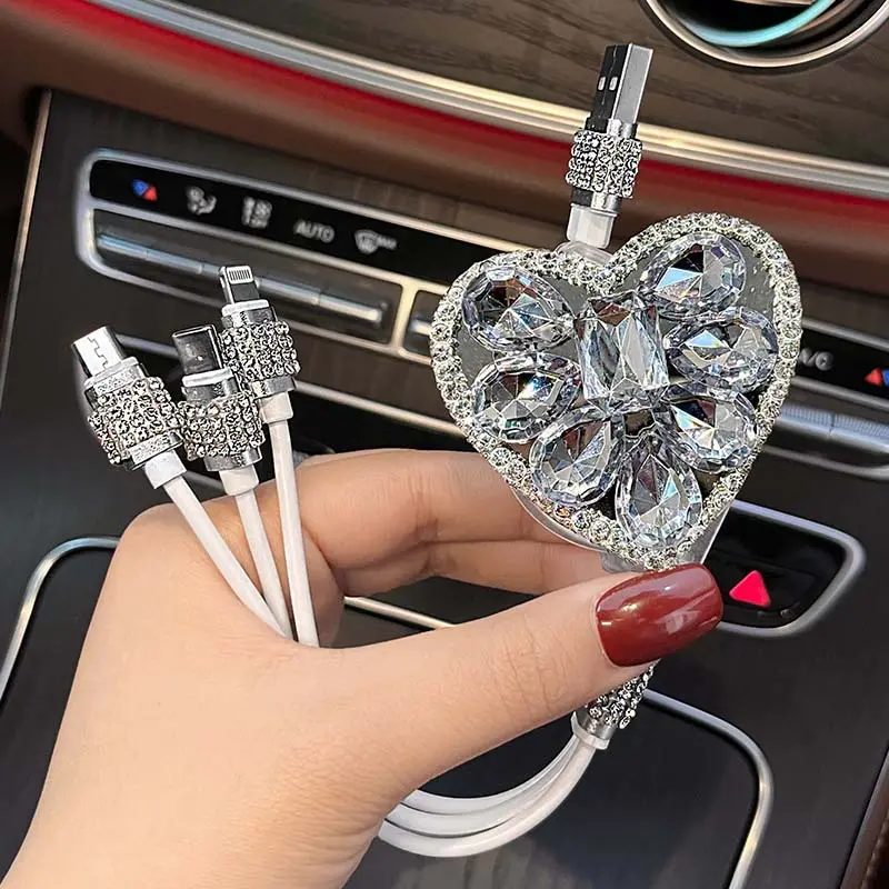 Women's 3-in-1 Bling Car Charger Cable - 40-100cm Black & White Heart Design High Speed Charger, USB Cord Compatible with iPhone Lightning, Android Type-C, Micro USB, Car Electrical Accessories Gift