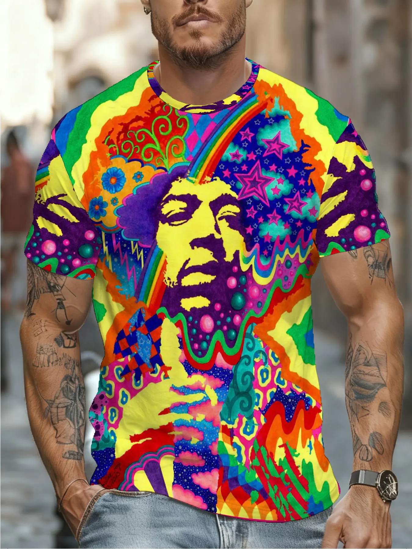 Psychedelic Print Men'S T-Shirt - Ultra Soft And Breathable, Trendy Artistic Design, Viral Summer 2024 Fashion Men'S Stylish Casual Round-Neck Patterned T-Shirt with 3D Digital Printing