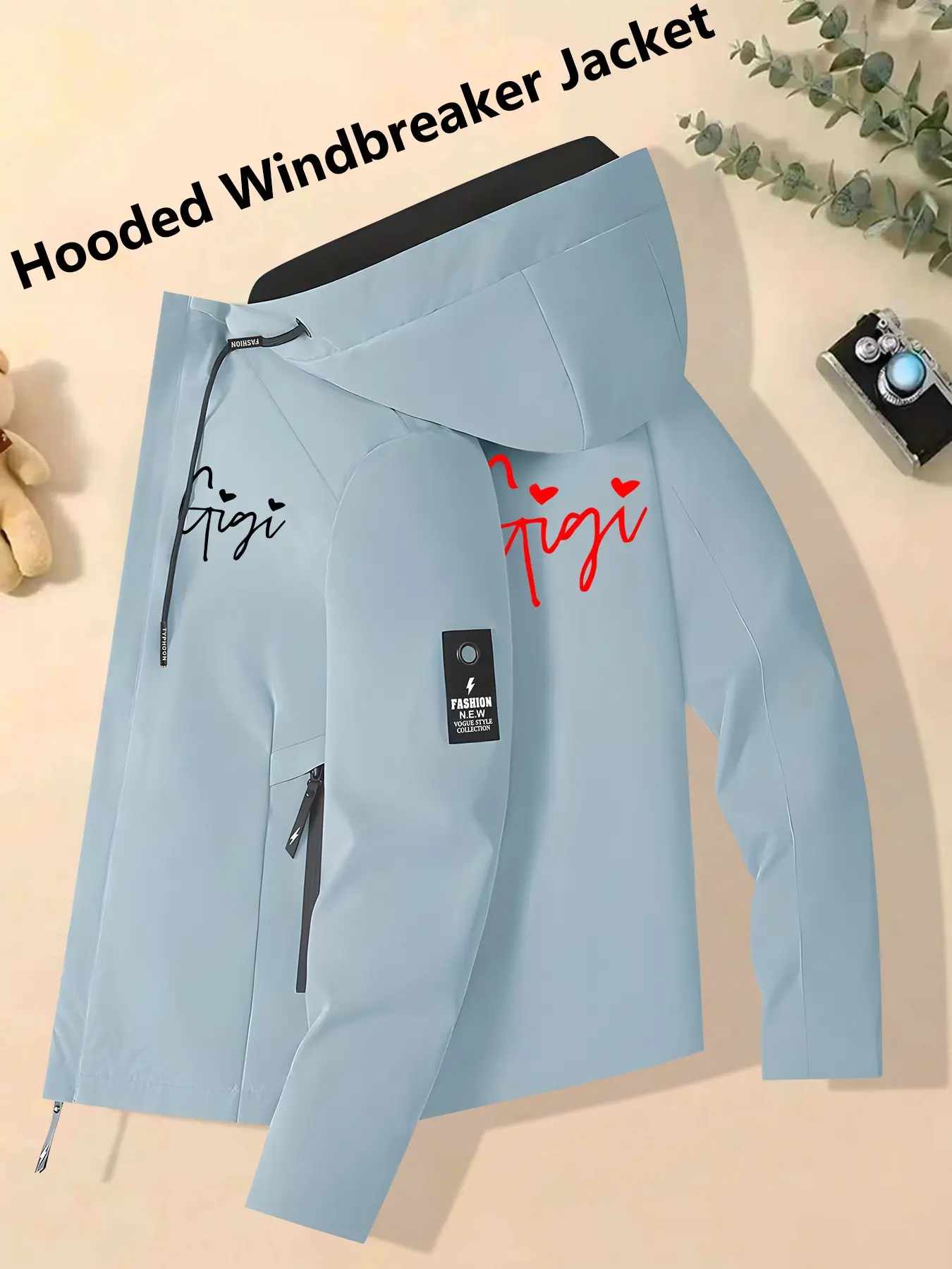 Women's Hooded Windbreaker Jacket Light Blue Gigi Heart Script Print Windproof Waterproof Breathable Relaxed Loose Fit Skin-Friendly Versatile Outerwear for Sweet Style Fans Perfect for Commuting Hiking & Outings
