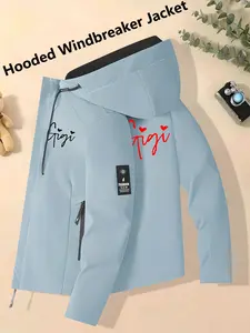Women's Hooded Windbreaker Jacket Light Blue Gigi Heart Script Print Graphic Windproof Waterproof Breathable Relaxed Loose Fit Casual Skin-Friendly Versatile Outerwear for Sweet Style Fans Perfect for Commuting Hiking & Outings