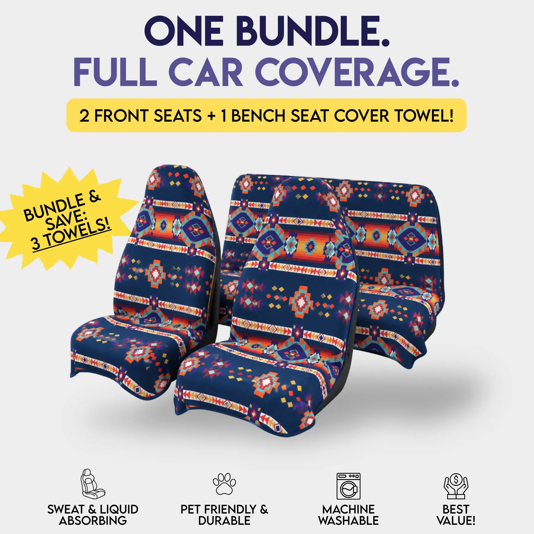 SET OF 3: Aztec Artisans Car Seat Cover Towels! (2) Front Seat covers, (1) Back Bench cover