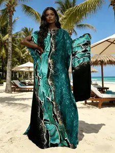 1 dress+1 scarf Teal Marble Print Kaftan Dress for Women - Plus Size Muslim Abaya, Loose Batwing Sleeve Maxi Caftan, Modest Beach Cover Up, Dubai Style Islamic Robe for Eid, Casual Loungewear & Vacation Outfit, Modesty Muslim Clothing