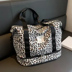 Chic Leopard Print Weekender Duffle Bag with Shoe Compartment - Spacious Overnight Crossbody Hand Luggage Bag for Gym, Yoga, Travel,summervibes
