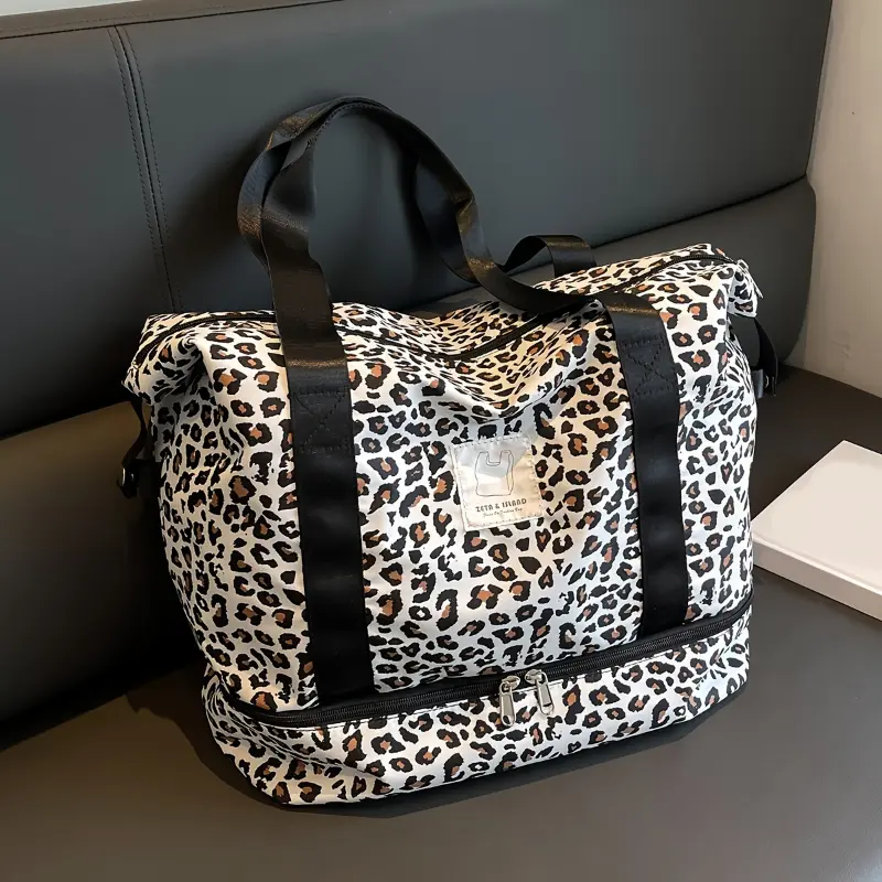 Leopard Print Unisex Synthetic Gym Duffle Bag - Shoe Comp., Multifunctional Large Compartments, Duffle Backpack & Over-Shoulder Styles, Spacious Overnight Crossbody for Adult Travel & Yoga Essentials