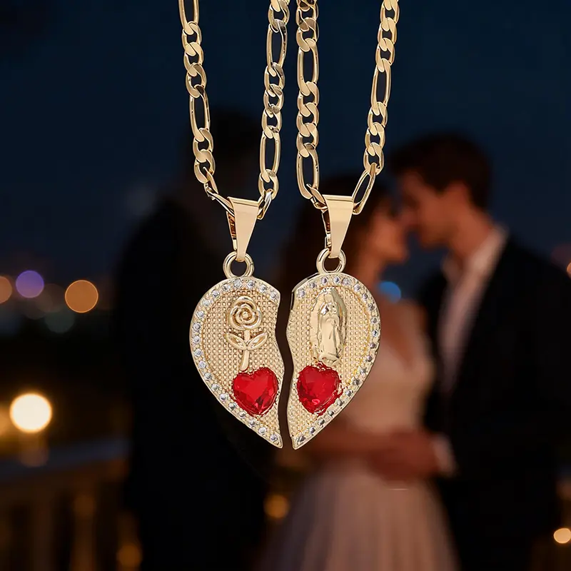 Polished Unisex Adults Copper-Zirconia Religious Broken Heart Pendant Necklace - Virgin Mary & St. Jude Couple Design, Heart Shaped Love Metal Casual Jewelry, Valentine’s Day & Mother’s Day Gift