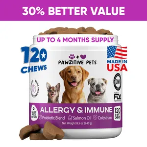 Pawzitive Pets Dog Allergy Relief Chews for Itchy Skin, Paw Licking & Shedding – USA Product -  Skin & Coat Support with Omega 3, Quercetin & Turmeric