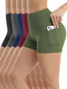 CHRLEISURE 5-Piece Set Of Solid Color Women's High Waisted Cycling Shorts With Pockets For Exercise And Yoga Short Leggings Gymclothes bikershorts