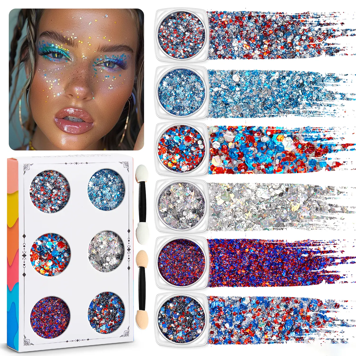 Red White and Blue Face Body Glitter Set, 4th of July Patriotic Accessories Hair Glitter, Shimmery & Long Lasting Face and Body Paint for Festival Makeup Concert Party, Holographic Long Lasting Chunky Sequins Cosmetic Daily Friend Gift Lightweight Powder,
