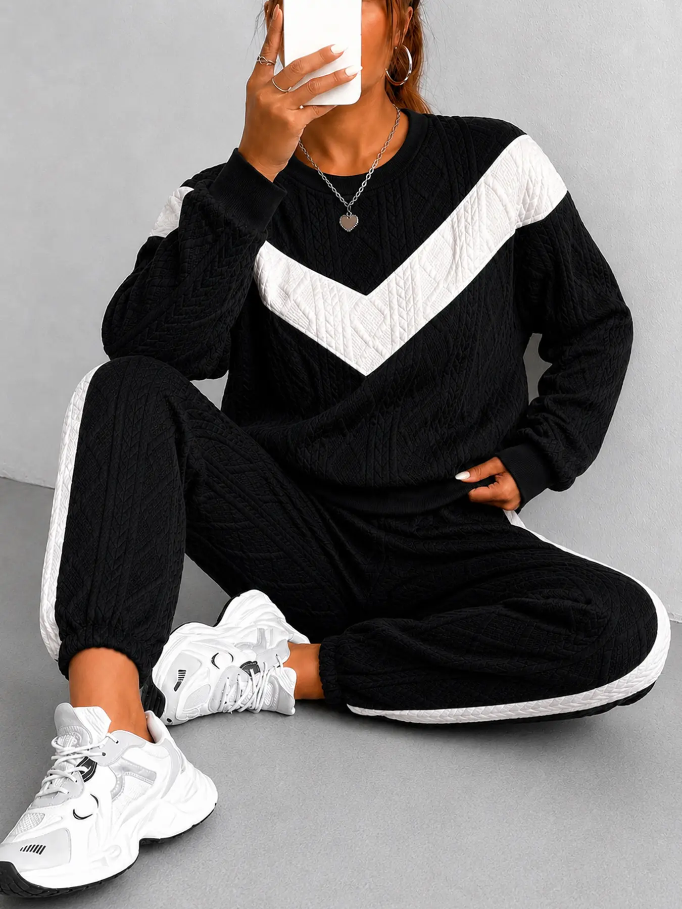 Black and White Stripe Crewneck Sweatshirt and Jogger Set for Women, Available in S, M, L, XL Sizes