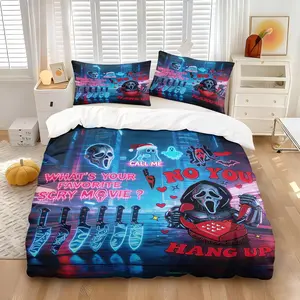 2/3-Piece Ghost Killer Print Decorative Duvet Cover Set Cyberpunk Neon-Themed Bedding Set Perfect for Teen Bedrooms and Dorm Decor Ideal Gift for Halloween and Horror Enthusiasts Filling Not Included