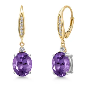 925 Silver and 10K Yellow Gold Purple Amethyst and Lab Grown Diamond Dangle Earrings for Women | 4.86 Cttw | Gemstone February Birthstone | Oval 10X8MM