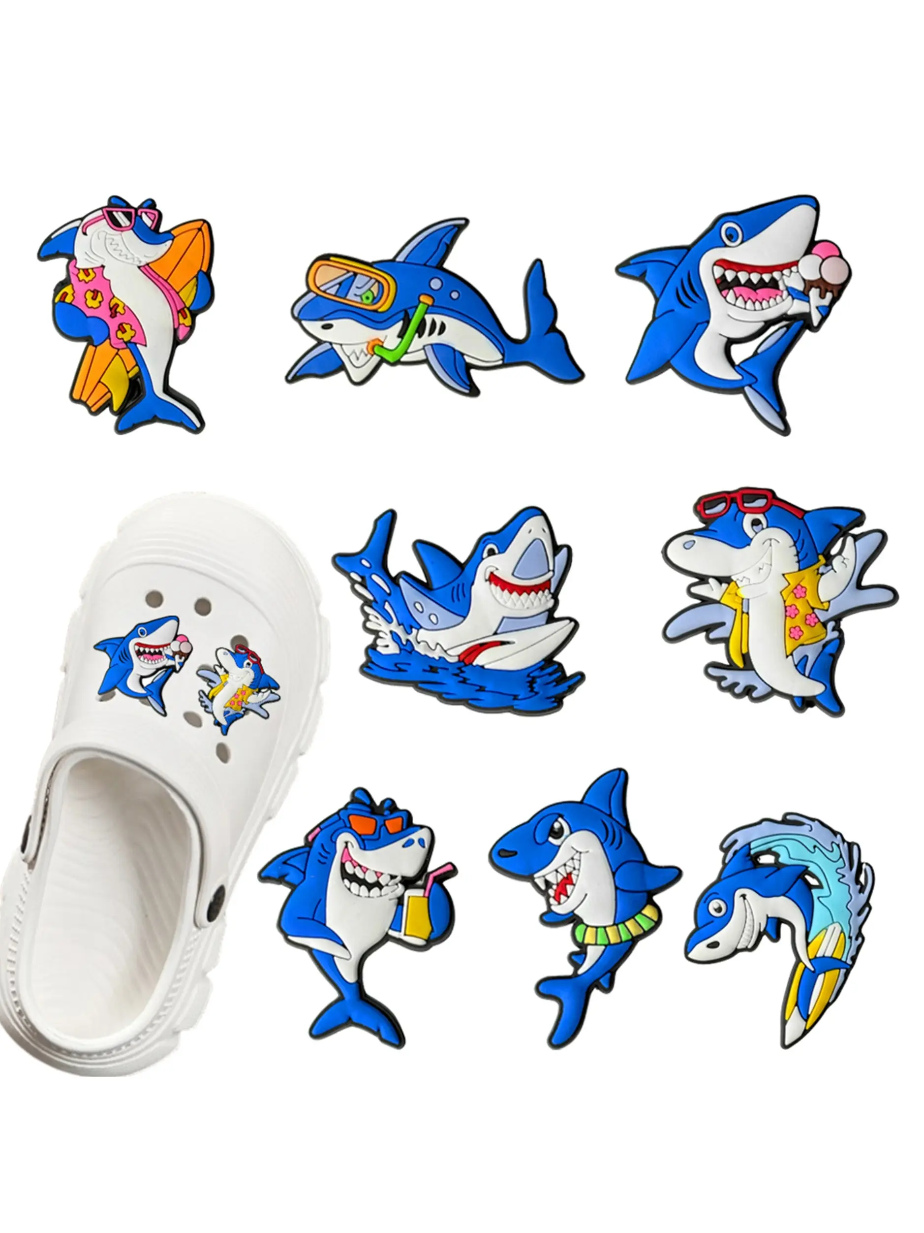 8pcs Cartoon Shark PVC Decorative Shoe Accessories, Cute Sandal & Flip Flop Decorations, Shoe Decoration Charms, Perfect Gift Idea, Fun Footwear Add-Ons