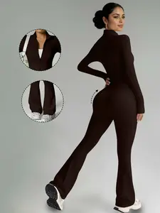 Women's Fashion Two-Piece Set, Slim Fit Long Sleeve Thumb Hole Cuffs, Zipper Front Jacket Style, High Waist Pants, Fall & Winter