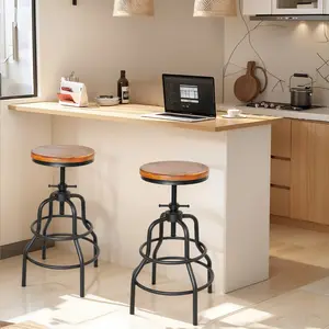 Vintage Industrial Bar Stool-Rustic Swivel Bar Stool-Round Wood Metal Stool-Counter/Bar Height Adjustable Pipe Stool-Cast Steel Stool 23.62"-29.52" (Set of 2)