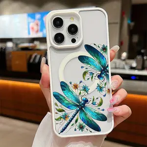 Painted Green Dragonfly and Flowers Transparent Magnetic Phone Case, Suitable for iPhone 17 Air/16 Plus/15 Pro Max/14 Pro/13/12/11/XS Max/X Phone Case, Best Choice for Gifts to Family, Friends, Lovers, Boyfriend, Girlfriend on New Year and Christmas