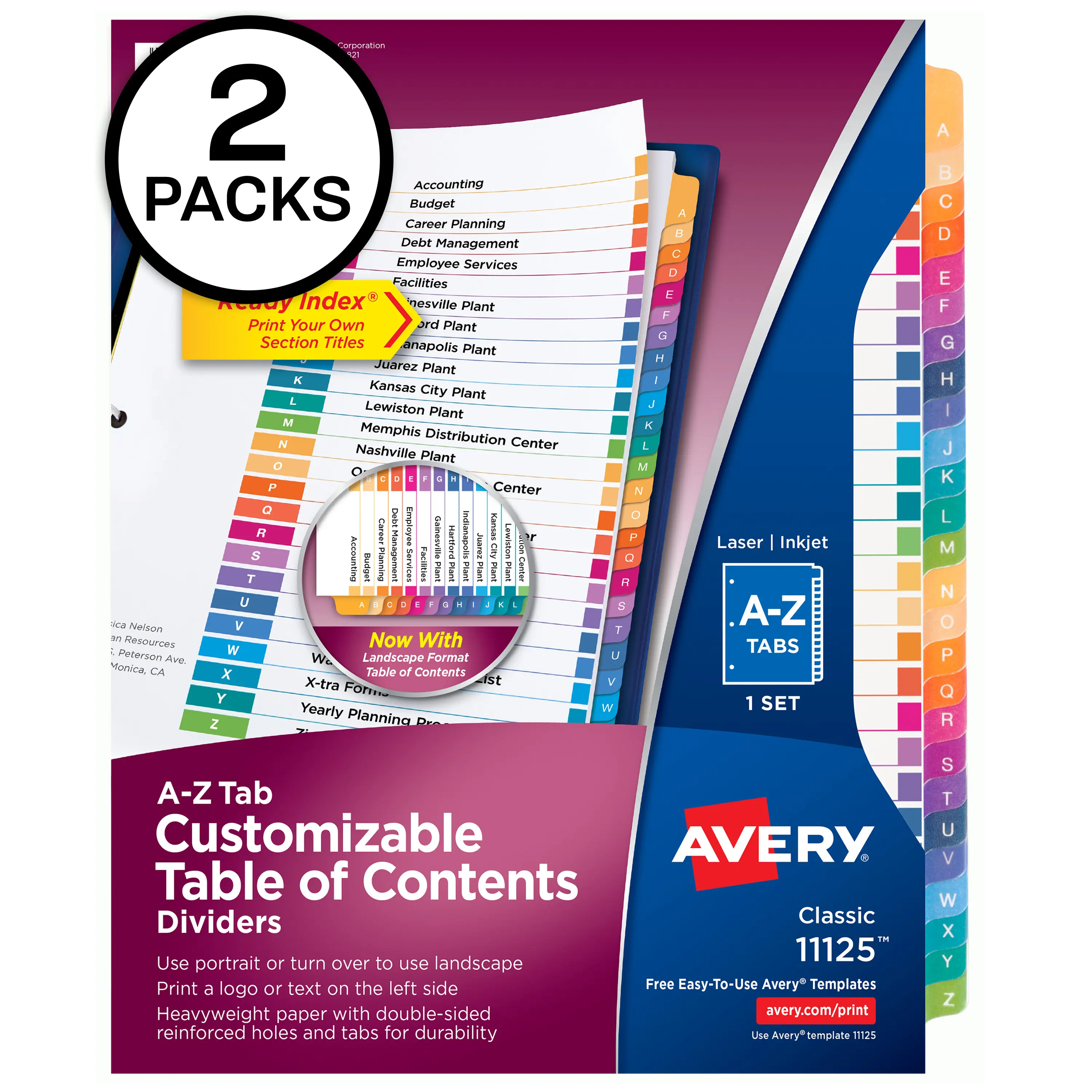 Avery Binder Dividers with Tabs for 3-Ring Binders, 26 A-Z Tabs per Set, Customizable Table of Contents, Multicolor, Laser Inkjet Print Ready, Portrait/Landscape Compatible, Ideal for Planner Users (11125)
