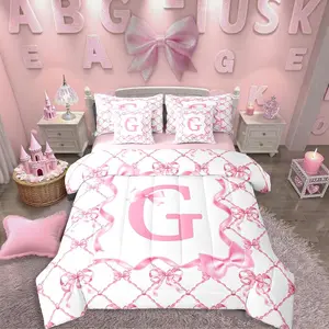 Feelyou 7-Piece Pink Bow Initial Letter G Queen Bed-in-a-Bag Bedding Set, Preppy Aesthetic Comforter Set with Sheets, Queen Comforter Set