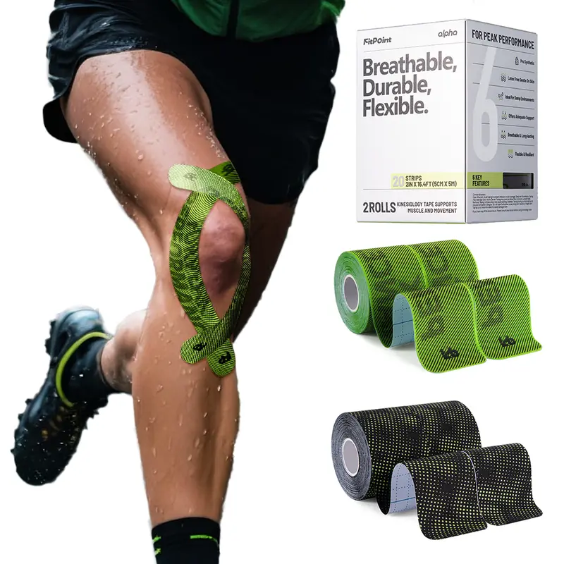 FitPoint Kinesiology Tape – 2 Rolls (40 Pre-Cut Strips) – Ultra-Sticky Athletic Tape for Joint Support – Elastic Kinesio Tape for Knee, Wrist, Ankle – Black & Green