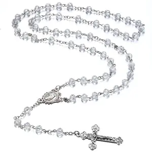 Catholic Rosary Crystal Beads Necklace with with Miraculous Medal Cross Crucifix Rosaries Communion Rosary