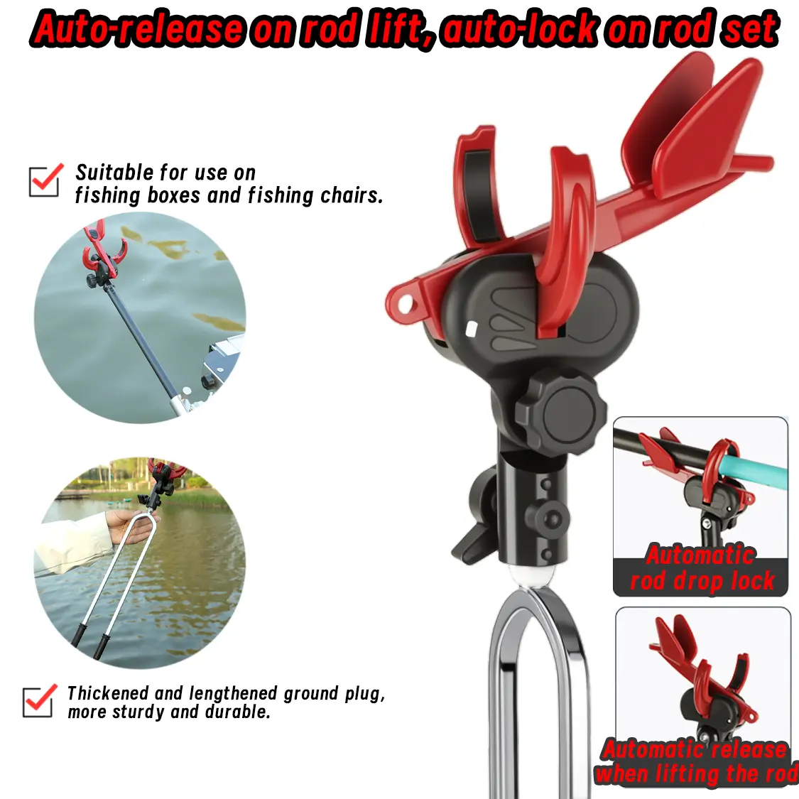Automatic Fishing Rod Holder, 1 Pack or 2 Pack, 360 Degree Adjustable Stainless Steel, Spring Loaded Auto Hook Setter, Ground Spike Insert or Clamp On Mount, 3 Adapter Sizes, Fits Fishing Chair or Tackle Box, for Bank Fishing on Rivers, Lakes and Ponds
