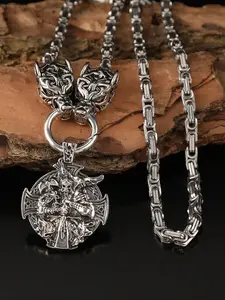 Viking Raven Odin Axe Wolf Head Pendant Necklace, Gothic Stainless Steel Chain, Fashionable Casual Style, Unisex Jewelry Gift for All Occasions