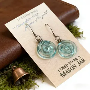 2 Pairs Upcycled Mason Jar Glass Earrings Set, Handmade Aqua Blue Spiral & Teardrop Dangle Earrings, Recycled Glass Boho Jewelry for Women, Sustainable Gift