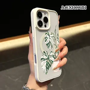 Monstera Breeze Pattern Magnetic Phone Case for iPhone 17 16 15 14 Pro Max 13 12 11 XR XS Plus Non-Yellowing Clear Crystal Drop-proof Slim Silicone Shockproof Transparent Acrylic Cover Supports Wireless Charging