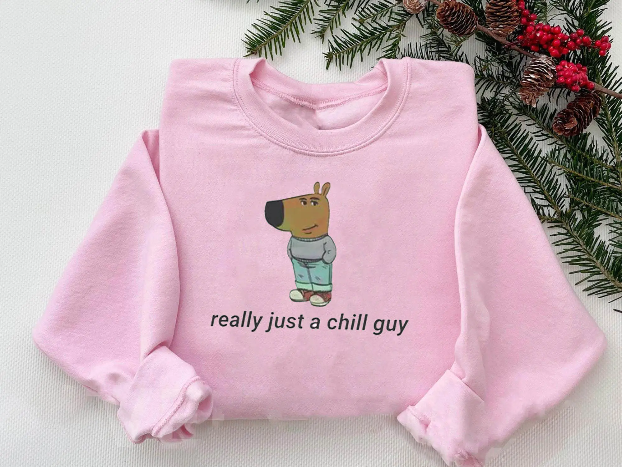 Unisex Embroidered Pullover Hoodie with Funny "Lowkey Chill Guy" Print, Comfy Hand Pressed Sweater for Women and Men, Longsleeves, Basic, Relaxed, Funny Print, Tops, Casual, Long Sleeve, Sweatshirts, All Seasons, Menswear, Cold Wash, Embroidery, Do Not Ir