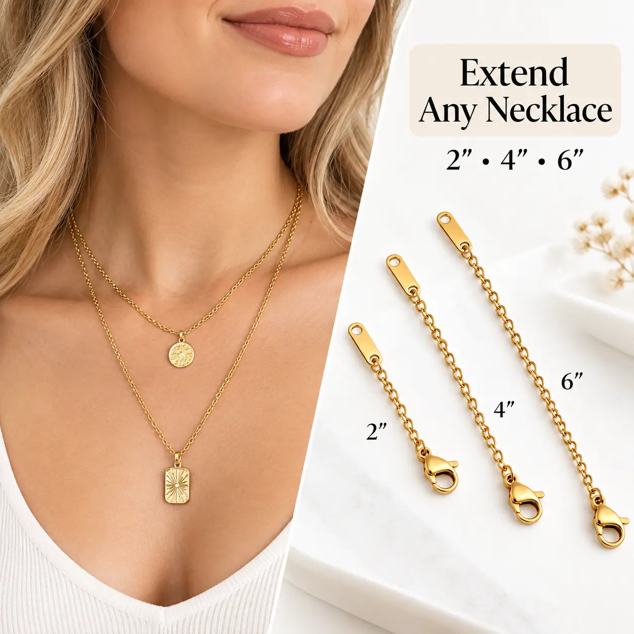 LURELI 3-Piece Necklace Extender Set, 2/4/6 Inch 18K Gold Plated Stainless Steel Chain Extenders with Lobster Clasps for Necklaces, Bracelets and Anklets, Add Length for Layering, Christmas Gift for Jewelry Lovers, Holiday Stocking Stuffer