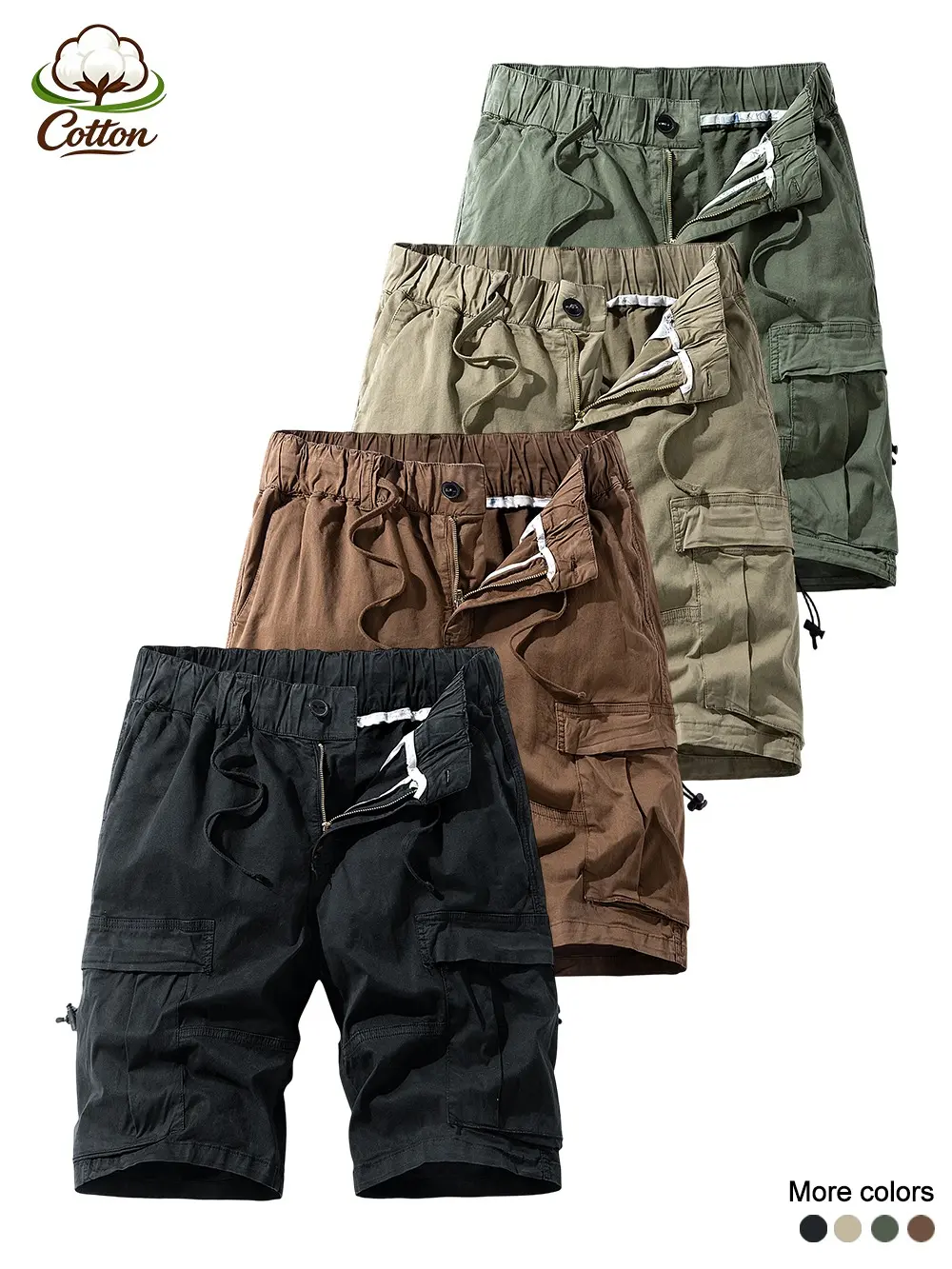 3-Pack Versatile Plain Cotton Knee Length Cargo Shorts, Half Elastic Draw Waist, Multi Utility Pocket Street Camping Work Pants Bundle