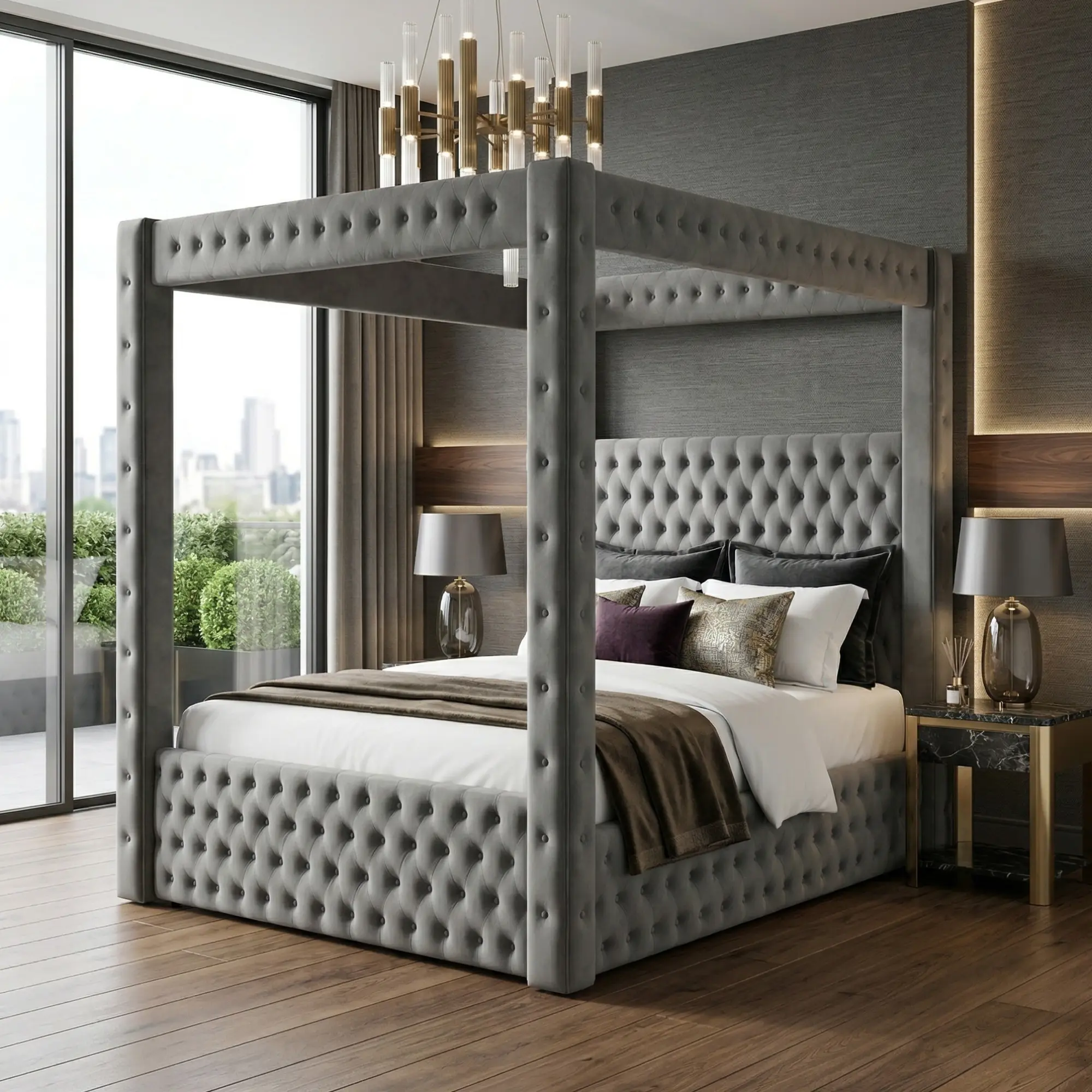Seville Platform Canopy Bed with Poster Design, Bluetooth Speakers & USB Ports By FOA Gray Traditional Bed