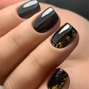 24pcs Gold Glitter Nail Tips, Short Square Tip False Nails, Versatile Daily Wear, Perfect for Parties and Everyday Elegance