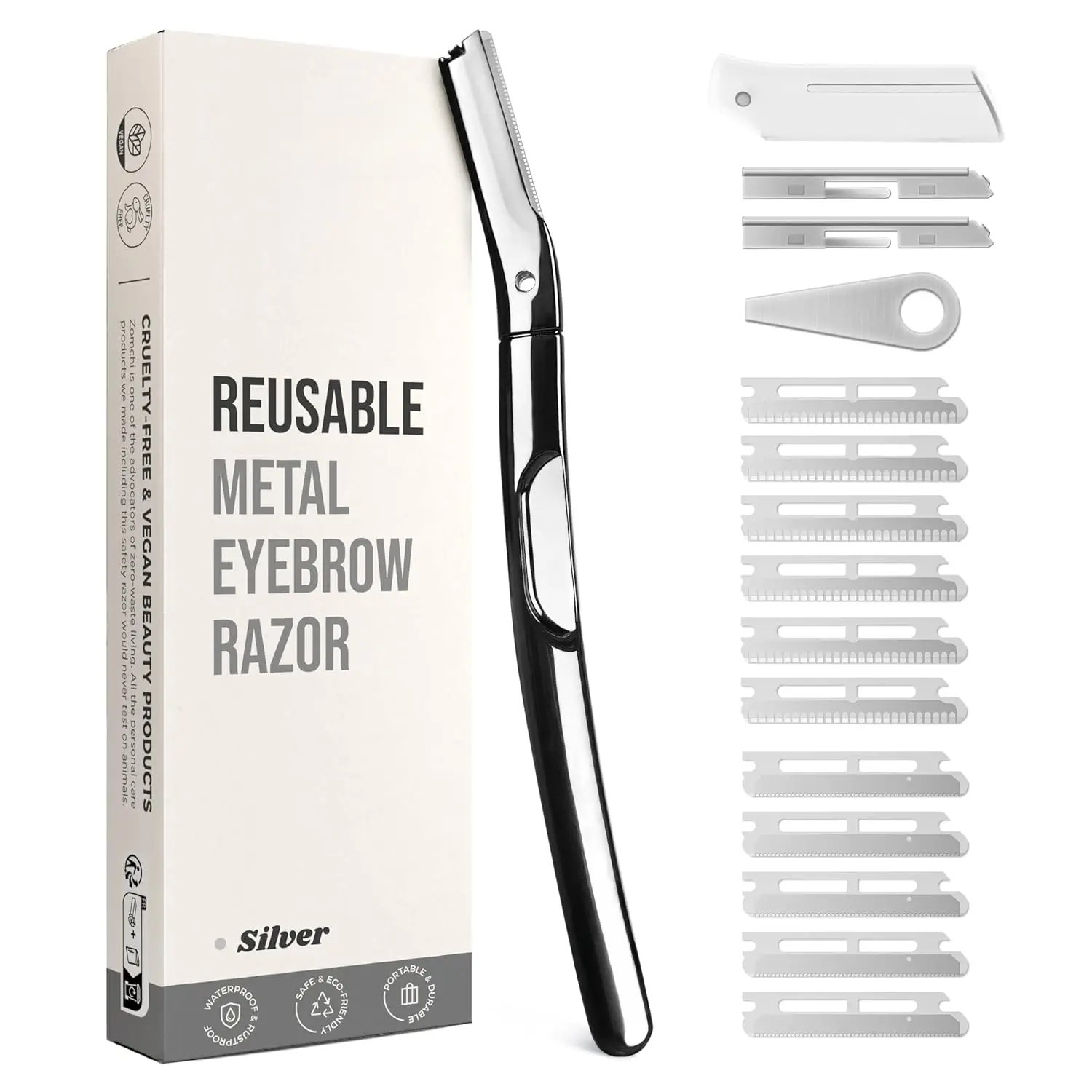 Eyebrow Razor and Face Razor for Women and Men, Reusable Metal Handle with 11 Refill Blades, Dermaplane Razor with Protective Silicone Cap, Eyebrow Hair Trimmer - Polished Silver