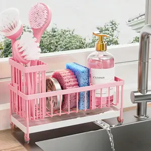 Sponge Holder for Kitchen Sink, Sink Caddy Organizer with High Brush Holder, Kitchen Countertop Organizers and Storage Essentials, Rustproof 304 Stainless Steel (Pink, 9.25″)