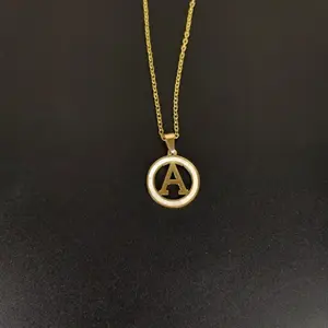 Stainless steel round shell 26 letter necklace, abalone shell gold English pendant
