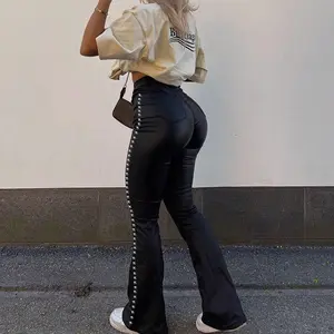 Apperloth Studio Women's PU Leather Flare Pants - Sexy Skinny Fit with Flared Bottoms for Casual & Semi-Formal Occasions - Basic Fitted Maxi Bottoms