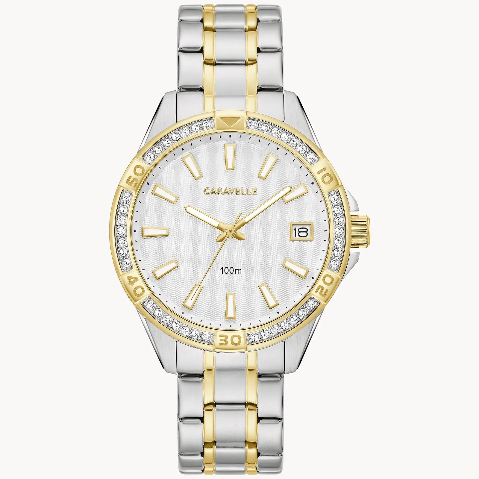 Women's Crystal-Studded Caravelle Fashion Watch, Stainless Steel Silver Band, Analog, Classy, Fashionable, Modern Quartz Watch, Analog Quartz Watches, Classy Quartz Watches