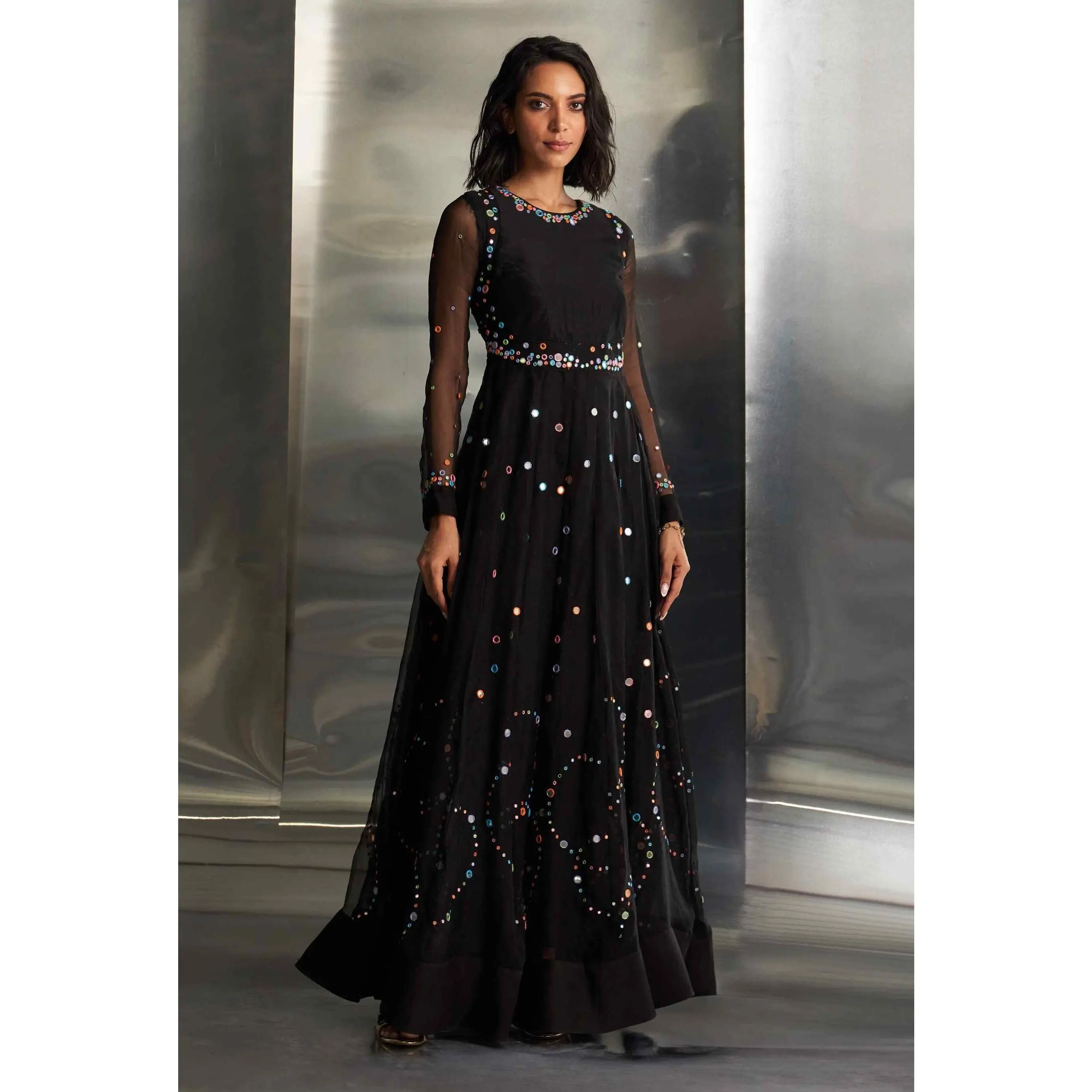 Black colourful mirror anarkali