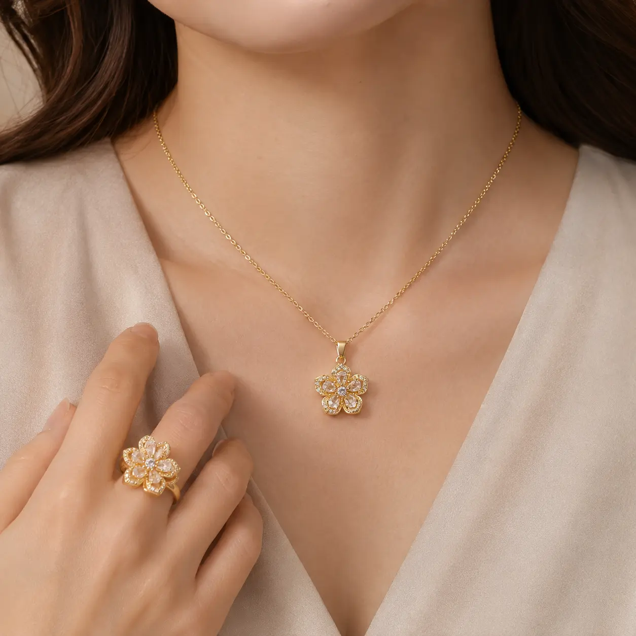 Elegant Gold Flower Pendant Necklace & Matching Ring Set for Women's Fashion Jewelry