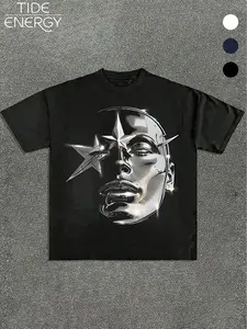 Men's Cyberpunk Metal Face Loose Fit T-Shirt, 3D Star Geometric Print Streetwear Short Sleeve, Heavy Cotton Casual Top for Music Festivals & Daily Wear, Menswear