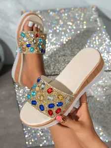 Women's Colorful Rhinestone & Glitter Decor Open Toe Platform Slide Sandals, Casual Slip-On Summer Footwear, Boho Jeweled Flat Slides, Decorative Rhinestone Footbed Sandals, Fashionable Flat Sandals